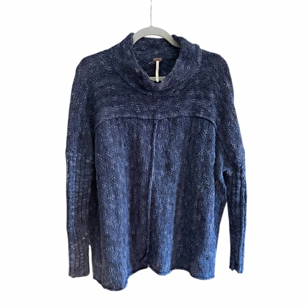 FREE PEOPLE Nightingale Sweater Blue Mock Neck Knit‎ Oversized XS